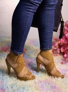 Tacones altos de mujer, estilo de tiras entrecruzadas, correa de tobillo cómoda y elegante, tacones altos de mujer con talón abierto - Camel - Ver 3
