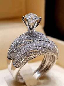 1 对欧美风格双层订婚钻戒，流行求婚珠宝套装，情侣戒指，适合日常佩戴和婚礼，礼物