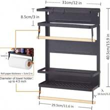 16x12x4 Inch Magnetic Fridge Organizer Spice Rack With Paper Towel Holder And 5 Extra Hooks, 3 - Tier Magnet Refrigerator Shelf In Kitchen Holds Up To 45 LBS, Non-Drilling Magnetic Refrigerator Storage Rack, Home Organization & Storage Supplies - Black - View 3