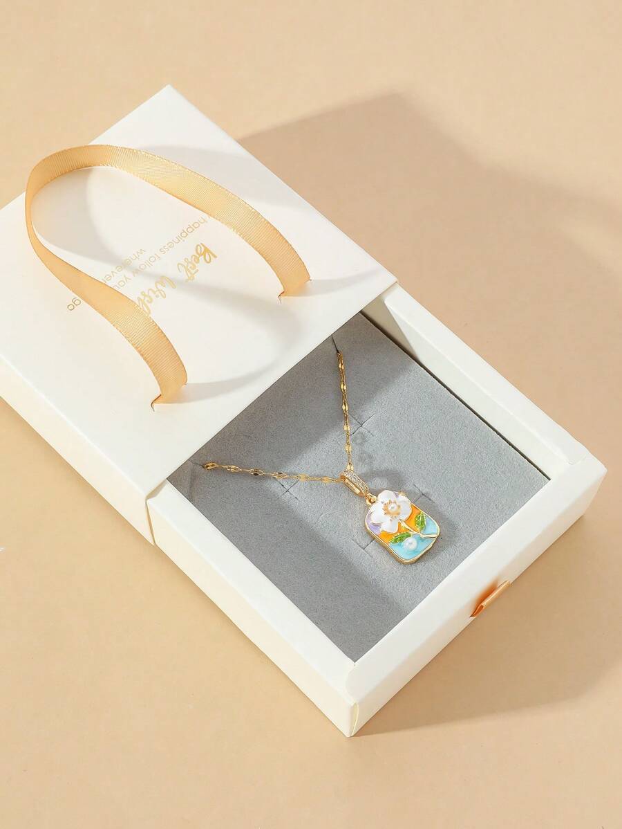 1pc Fashion Oil Drip Sunflower Copper Pendant Necklace For Women, Comes In Gray Or Black Gift Box - Multicolor - View 1