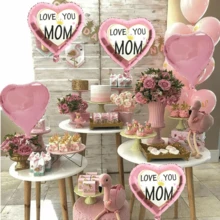 5 个玫瑰金母亲节气球（3 个爱你妈妈心形气球 + 2 个玫瑰金心形纯色气球），爱你妈妈母亲节快乐心形铝箔气球母亲节生日派对装饰