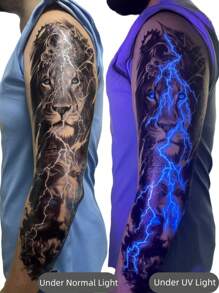 1 Sheet Glow In The Dark Tattoo Sleeve Tattoo Temporary Realistic Neon Tattoo Fake Sleeve Tattoo Fluorescent UV Full Sleeve Tattoo Men And Women Waterproof Fake Tattoo With Lion Lightning Suitable For Holiday Party Easter - Multicolor - View 3