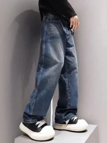 Jeans casual droits amples lavés pour adolescents, printemps/automne
