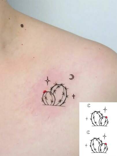 1张可水洗临时纹身贴纸，新月、星星、多肉植物图案，防水防汗，适合日常使用