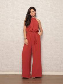 Women's Jumpsuit With Belt And Pocket - Burnt Orange - View 1