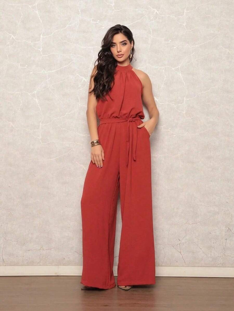 Women's Jumpsuit With Belt And Pocket - Burnt Orange - View 1