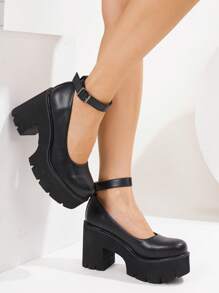 Women's Black Round Toe Platform Wedge Sandals, Casual Vacation Thick Sole Fashion,Mary Janes - Black - View 3