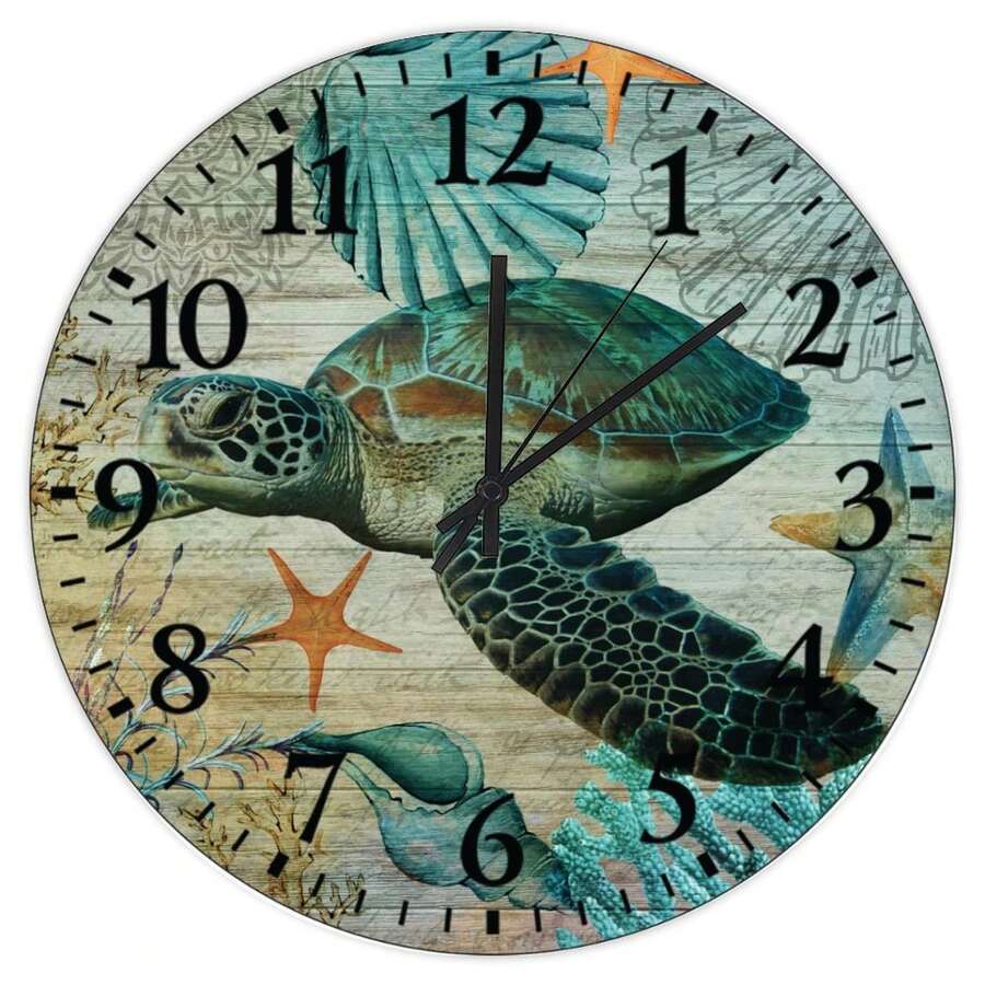 Silent Non-Ticking Wall Clocks Nautical Beach Ocean Underwater Home Decoration For Bathroom Sea Animal Turtle Octopus Crab Personalized Round Wall Clock Rustic For Indoor Girls Room, Housewarming Gift Home Decor, Gift For Couple - Mixed Colors - View 1