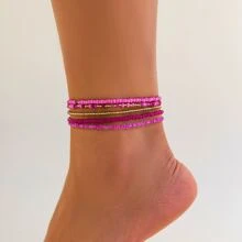 5pcs/Pack Bohemian Multi-Layer Beaded Elastic Anklet, Suitable For Ladies Wearing In Summer, Beach, Vacation - Beads - View 2