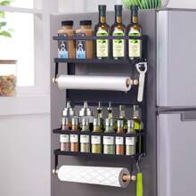 16x12x4 Inch Magnetic Fridge Organizer Spice Rack With Paper Towel Holder And 5 Extra Hooks, 3 - Tier Magnet Refrigerator Shelf In Kitchen Holds Up To 45 LBS, Non-Drilling Magnetic Refrigerator Storage Rack, Home Organization & Storage Supplies - Black - View 1