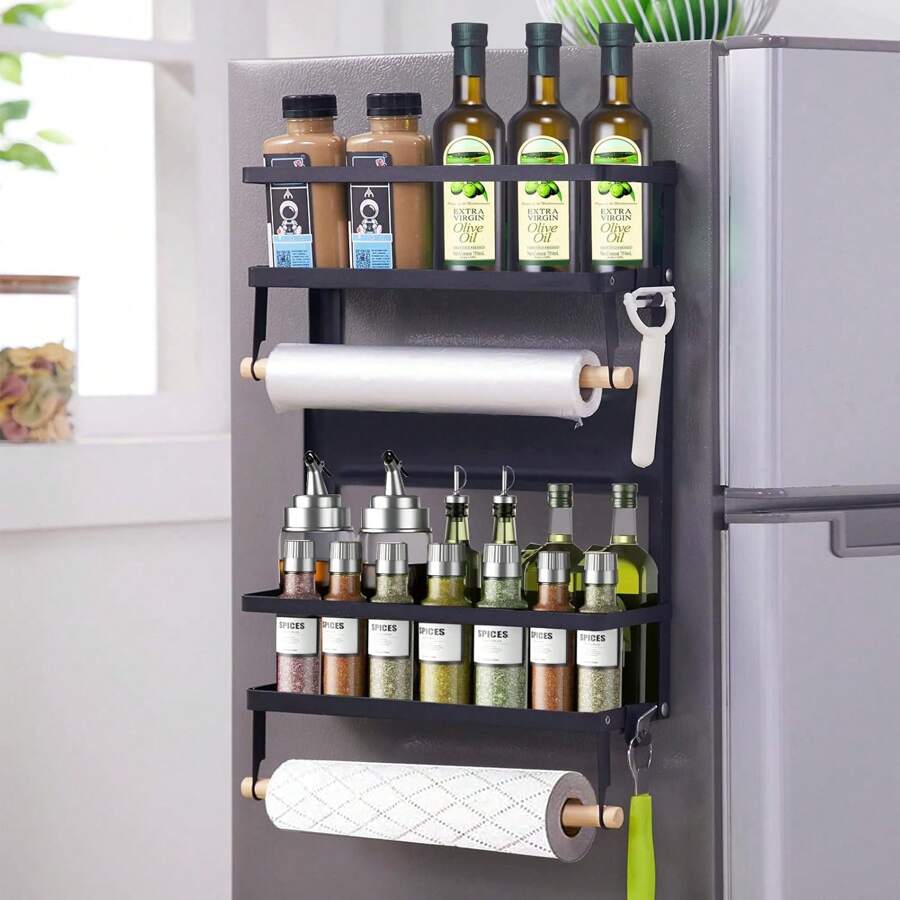 16x12x4 Inch Magnetic Fridge Organizer Spice Rack With Paper Towel Holder And 5 Extra Hooks, 3 - Tier Magnet Refrigerator Shelf In Kitchen Holds Up To 45 LBS, Non-Drilling Magnetic Refrigerator Storage Rack, Home Organization & Storage Supplies - Black - View 1