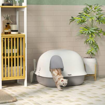 PawHut Lettiera per Gatti Chiusa con Coperchio e Paletta, Lettiera Coperta con Porta in PP, 58x46x39 cm, Grigio Chiaro e Bianco