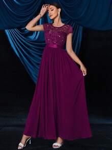 MIUSOL 优雅亮片花卉蕾丝撞色荷叶边雪纺晚宴派对长裙 - 紫紅色 - 查看 5