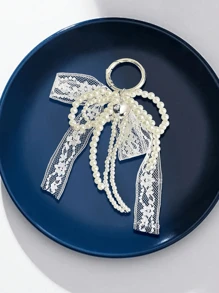 Y2K 可爱极简串珠蝴蝶结，银色钻石心形包包挂饰，闪亮彩灯，甜美少女包包吊坠，时尚珍珠蝴蝶结，DIY 纯色蕾丝铆钉珍珠蝴蝶结手机壳挂饰，蝴蝶结丝带，多功能 DIY 钥匙扣/包包挂饰套装，适合情侣、女士、女孩和闺蜜日常佩戴。节日礼物的理想之选。 - 白色 - 查看 4