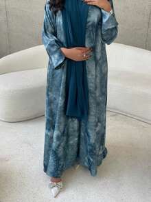 1 件优雅休闲细节印花开衩袖口长袍，阿拉伯迪拜时尚沙特开放式长袍，适合日常穿着和聚会，无需头巾，朴素的长袍 - 霧霾藍 - 查看 2