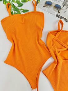 Women's Bodysuit With Braided Straps, Seersucker, Fashion Blogger - 橘色 - 查看 1