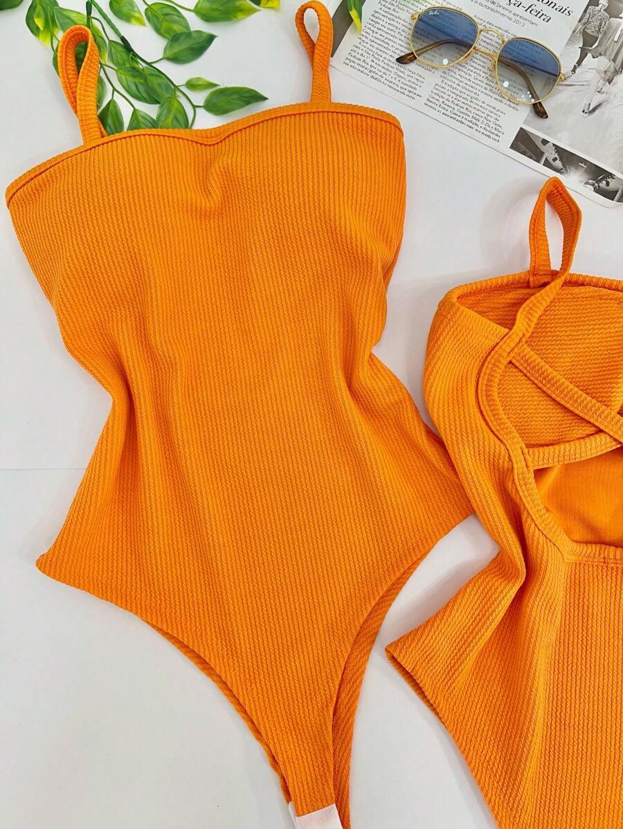 Women's Bodysuit With Braided Straps, Seersucker, Fashion Blogger - 橘色 - 查看 1