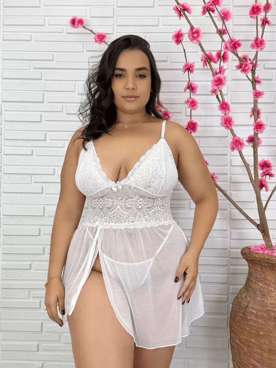 Sexy Plus Size Tulle And Lace Nightgown With Sensual Panties - White - View 1