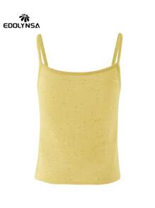 2025夏季性感针织度假女式吊带背心，亮面奶油黄细肩带背心 - 黃色 - 查看 4