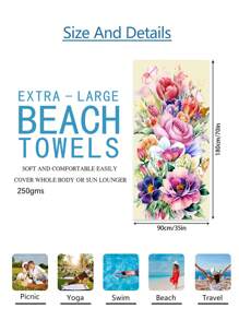 1pc Prachtige Bloemen Stranddeken, Extra Zachte Microvezel Extra Grote Strandhanddoek, Zeer Absorberende Badhanddoek, Geschikt Voor Reizen, Zwembad, Duiken, Surfen, Yoga, Kamperen, Verschillende Maten, Strandaccessoires Zomer, Vakantie
