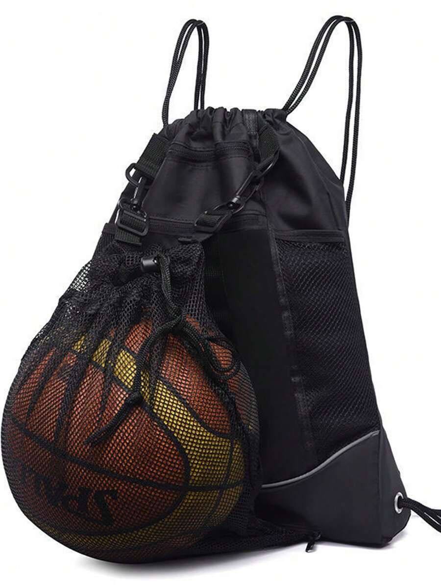 Basketball Bag Sports Gym Bag Training Backpack With Ball Net Drawstring Closure, Suitable For Basketball, Football, Travel - Black - View 1