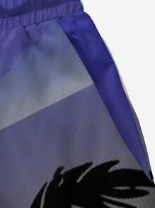 Men's Swimtrunks With 3D Digital Gradient Coconut Tree Print, Casual Daily Holiday Beach Shorts With Drawstring, Single Layer Without Lining