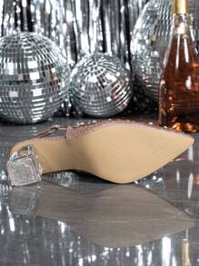 Women's Crystal Pointed Toe Mary Jane Mid-Hollow Series Champagne High Heel Pumps, Suitable For Outings, Parties, Weddings And Other Events