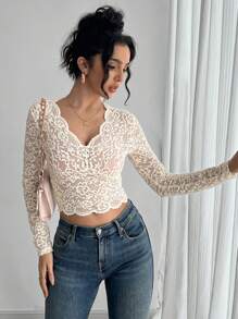 Femmes Top manches longues à imprimé floral, col V en dentelle, couleur unie, printemps/été - Blanc - Voir 5