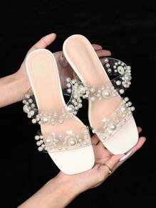 HanDuEke Dames hoge hak sandalen zachte transparante band slides, nieuwe zomer mid-hak kristal dikke hak elegante outdoor dragen sandalen