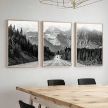 Set Of 3 Black And White Mountain Prints, Nature Wall Arts, Forest Prints, Canvas Posters, Modern Wall Decor, Spring Decor, Indoor Decor, Artwork For Living Room, Bedroom, Home Office, Kitchen, Bar, Cafe, Hallway, Home And Room Decoration, Unframed Gifts Birthday Graduation