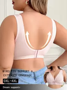 Plus Size Women Front Closure Soft Supportive Wireless Bra - Pink - View 2