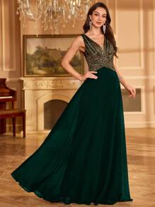 UNITHORSE [随机镂空] 女士V领渐变亮片雪纺腰部收褶纯色优雅派对礼服、婚纱、正式礼服、晚礼服、生日女士服装、毕业礼服