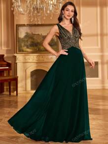 UNITHORSE UNITHORSE [Random Cutout] Women's V-Neck Gradient Sequin Chiffon Waist Gathered Solid Color Elegant Party Dress, Wedding Dress, Formal Dress, Evening Dress, Birthday Women Outfits, Graduation Dress,Gown,Wedding Guest
