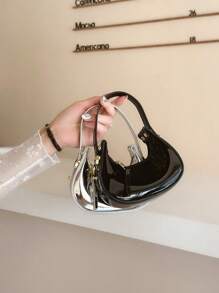 1 pieza Bolso mini infantil PU brillante con forma de media luna, correa de hombro ajustable, cierre de cremallera, bolso estético, moda casual y cómoda, suave y versátil, apta para salidas diarias, jugar, compras diarias y viajes de niñas