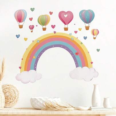 彩虹独角兽星星墙贴，背景墙房间装饰自粘墙贴，想象彩虹桥热气球墙贴，儿童卧室、幼儿园家居装饰