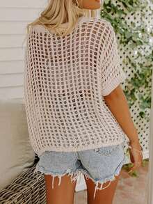 Women's Hollow Out Round Neck Short Sleeve Knit Pullover Sweater, Suitable For Beach Vacation Or Cover-Up In Spring/Summer - Khaki - View 3