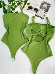 Women's Bodysuit With Braided Straps, Seersucker, Fashion Blogger - 橄欖綠 - 查看 1