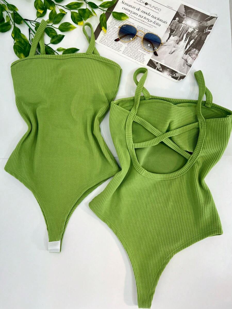 Women's Bodysuit With Braided Straps, Seersucker, Fashion Blogger - 橄欖綠 - 查看 1