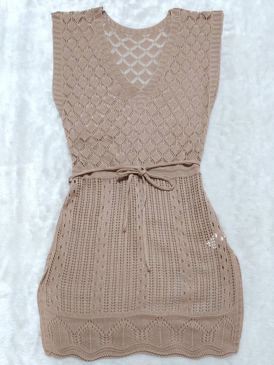Beach Cover-Up | Women's Swimwear In Crochet Lace Stitch With Side Slit, V-Neck Knit - Màu hồng gỉ - Xem 1