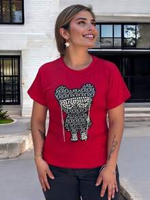 Blusa de manga corta con estampado de dibujos animados - Rojo - Ver 1