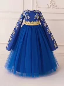 Young Girls Long Sleeve Embroidered Metallic Ribbon & Mesh Elegant Princess Dress, Suitable For Banquet And Holiday Celebration, Fabric Pattern Randomly Cut, Headband Not Included - Royal Blue - View 2