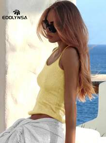 2025夏季性感针织度假女式吊带背心，亮面奶油黄细肩带背心 - 黃色 - 查看 7