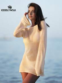 Sexy See Through U Neck Backless Knit Dress 2025 Summer Cut Out Beach Mini Dress Beachwear Swimsuit Cover Up