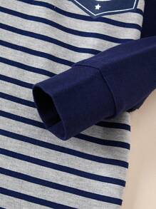 Boys Striped Print Home Outfit Set, Cotton Warm Sleepwear For Older Kids, Spring & Autumn - Navy Blue - View 6