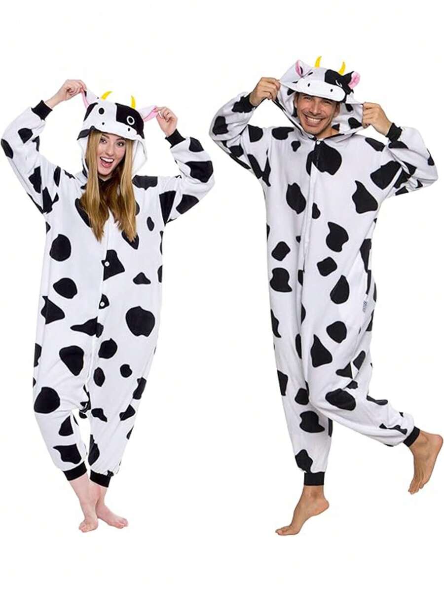 1 Stück Plüsch Kuh Tier Kostüm Hausanzug Warme Pyjamas Cosplay Outfit, Unisex geeignet für Herbst/Winter Party, Paare Geschenk (Wähle passende Größe, Länge basierend auf Körpergröße, gleiche Methode für Männer und Frauen), Party Kleid