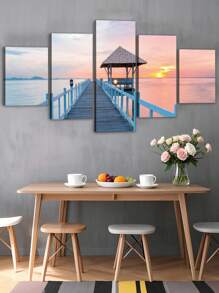 5pcs/Set Travel Posters,Wall Art With Frame,Ready To Hang,Colorful Coastal Pier Sunset Canvas Wall Art,The Bridge Into The Sea,Sailboat Sunset Reflection Boat Multipanel Travel Wall Decoration,For Bedroom Living Room Corridor, Home Decoration Gift For Him For Her,Coastal Summer Decor