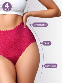 MIOTAN Paquete de 4 bragas de cintura alta con encaje de contraste, transpirables y suaves para mujeres