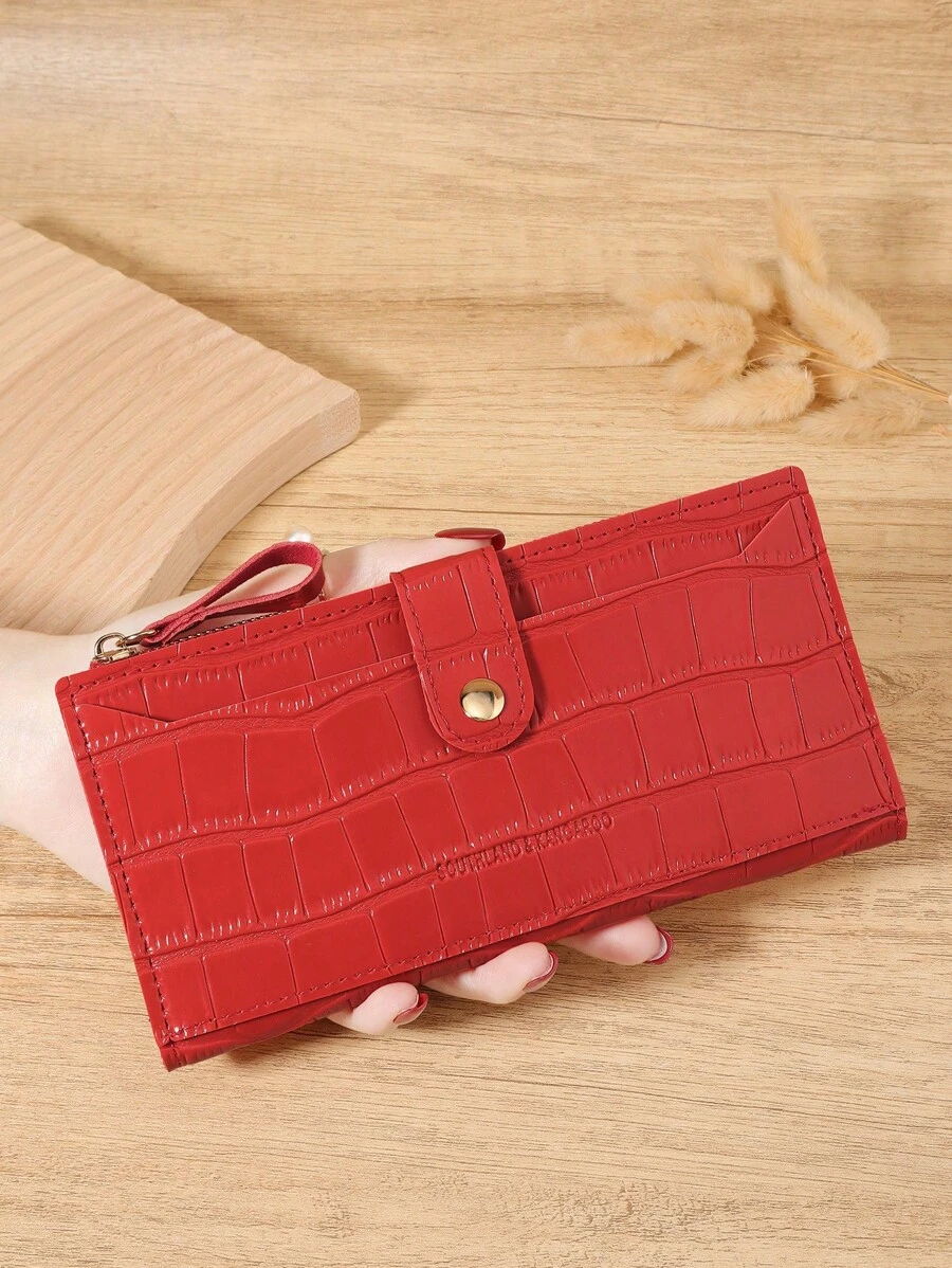 Fashionable Women's Long Wallet In Red With Crocodile Texture And Snap Closure, Premium Leather Material, Multi-Card Slots For Credit Card, Bank Card, And Coin Storage, Zipper Closure For Secure Storage Of Bills And Coins, Compact And Portable Design Perfect For Travel, Work, And Daily Use, Ideal Gift For Girlfriend, Mother, Or Teacher, And Elegant Design - Red - View 1