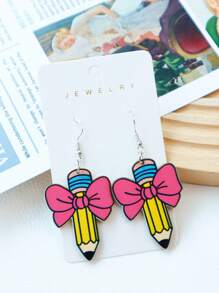 1 Pair Back To School Wood Pencil & Bow Dangle Earrings, Exaggerated Funny Pencil & Book Design, Suitable For Women, Holiday Gift