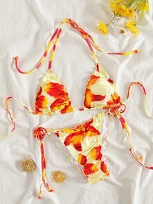 2025 Kobiety Kwiatowy Wzór Halter Ruffle Bikini Set, Tkanina Poliestrowa, Seksowny Dwuczęściowy Strój Kąpielowy Na Plażę, Resort, Przyjęcie Przy Basenie